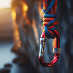 Close up of red chrome rock climbing carabina with blue braided rope attached. Grey weathered stone...