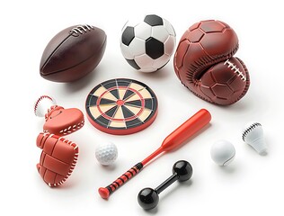 vibrant sports equipment, including a football, bat, soccer ball with a ring around it, table tenn