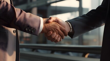  Witness the exchange of trust and mutual understanding as two corporate professionals engage in a close-up handshake, portrayed with vivid realism in ultra HD resolution