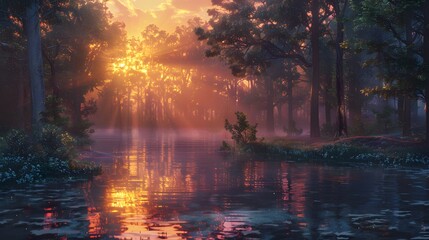 A mesmerizing depiction of a tranquil forest at dusk, where the vibrant colors of the sunset reflect off wallpaper 8k