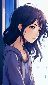 anime girl is contemplating with a sad face near the window. for lofi background music. anime girl. animation, anime, hand drawn, Japanese, a chill anime lo-fi hip hop vibe. Seamless looping animation