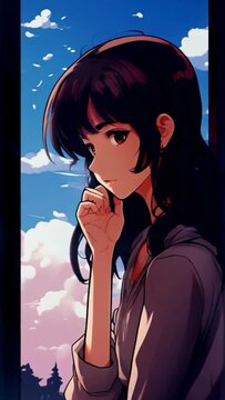 anime girl is contemplating with a sad face near the window. for lofi background music. anime girl. animation, anime, hand drawn, Japanese, a chill anime lo-fi hip hop vibe. Seamless looping animation