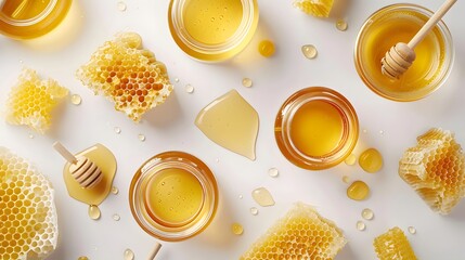 A minimalist flatlay arrangement of artisanal honey jars and honeycombs, symbolizing the sweetness of Torah learning and the land of Israel, integral themes of Shavuot.