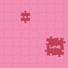 Valentine's day seamless pattern with pink Jigsaw puzzle, heart, love text. Mosaic background with missing piece. Cute festive romantic  wallpaper. Soulmate, relationship, couple. vector illustration.