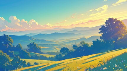 Illustration of a serene natural landscape with verdant hills trees and a picturesque sunrise on the horizon captured in a stunning 2d art depiction