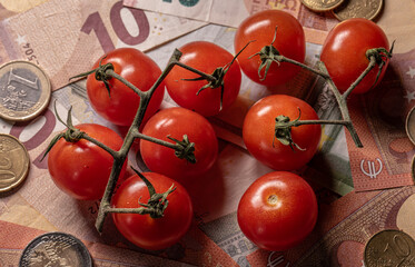 Tomato and money symbolizing food cost.