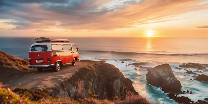 Red van parked by the seaside at sunset with waves crashing

