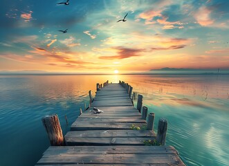 Wooden pier on the lake at sunset with flying birds - Powered by Adobe