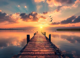 Wooden pier on the lake at sunset with flying birds