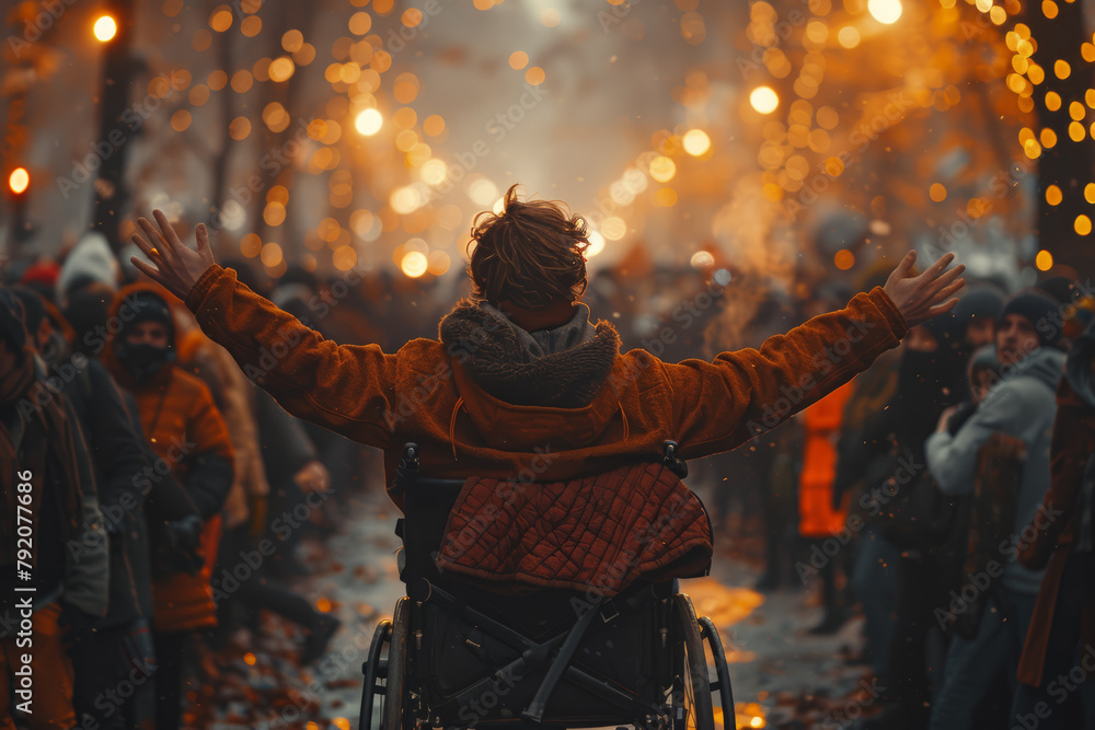 Poster a community rallying around a member with a disability, offering support and understanding in times 