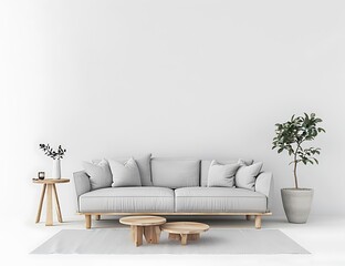 Scandinavian style interior mockup of a living room with a gray sofa and wooden side tables on a white background