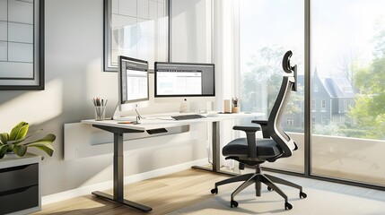 A modern home office with a sleek desk, ergonomic chair, and dual monitors displaying customizable productivity apps. Natural light streams in through large windows