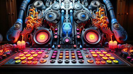 A hyper-technological DJ cover symbolizes the heart of TECHNO music, illustrating the art of mixing and the energy of music scenes designed for the creation of music playlists. Ai generated