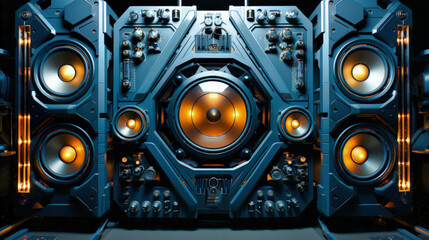 Fototapeta premium A hyper-technological DJ cover symbolizes the heart of TECHNO music, illustrating the art of mixing and the energy of music scenes designed for the creation of music playlists. Ai generated