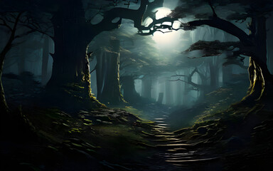 A moonlit forest shrouded in mystery, where shadows dance among the ancient trees. - obrazy, fototapety, plakaty