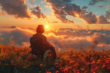 A spiritual seeker finding strength and comfort in faith and mindfulness practices amidst the challenges of disability. Concept of spiritual resilience. Generative Ai. - obrazy, fototapety, plakaty