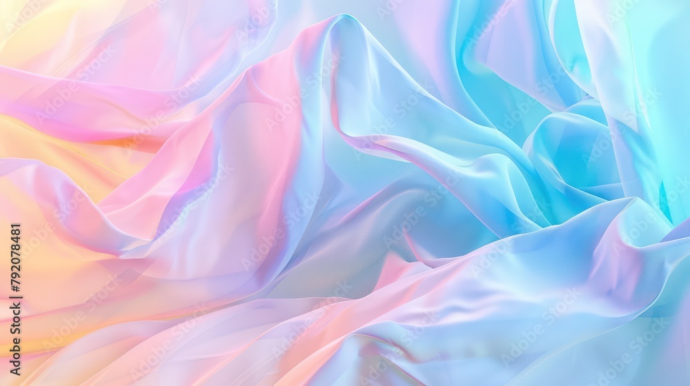 Poster a digitally created image with flowing waves of colorful silk fabric in pink, blue, and violet hues 