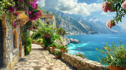 A charming stone pathway, adorned with vibrant pink flowers and lush greenery, leads our gaze