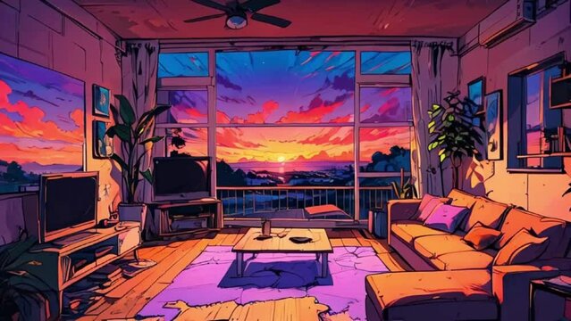 Animated virtual backgrounds, stream overlay loop, cozy lo-fi living room at sunset, Vtuber asset twitch zoom OBS screen, chill hip hop, hand-drawn, Japanese 2D anime style animation 4K video