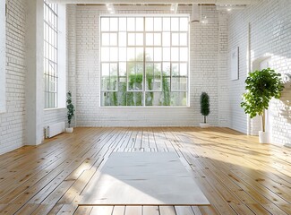 Yoga mat on wooden floor in large empty yoga studio with white brick wall and windows, natural light
