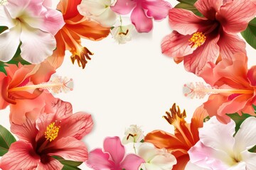 An array of vibrant hibiscus flowers artistically arranged to form a stunning frame with a white center, perfect for invitations or greetings