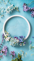 Lilac and Blue Floral Circle Frame on Turquoise Background