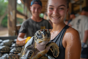 young volunteer holding a rescued sea turtle at a wildlife rehabilitation center - obrazy, fototapety, plakaty