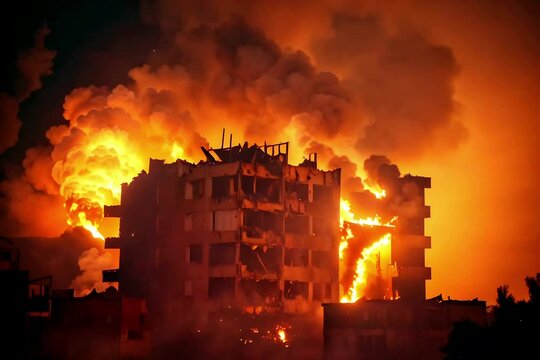 A fierce blaze engulfs a multi-story building at dusk, with flames violently consuming the structure.