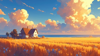 Obraz premium A vibrant summer scene unfolds before us featuring a charming house set against a backdrop of a golden field and the deep blue sea under a cloudy sunset sky in this beautiful natural 2d ill
