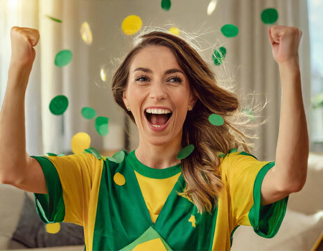 Uma mulher torcedora, usando uniforme do Brasil, com punhos fechados e bra&ccedil;os para cima, gritando e comemorando.