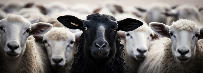 A solitary black sheep stands out amidst a flock of white counterparts. A black sheep gazes forward, starkly contrasting with the surrounding white sheep - obrazy, fototapety, plakaty