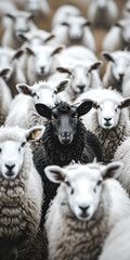 Obraz premium March of the misfits: a symphony of sheep. A herd of sheep, including a lone black sheep, standing in unity, showcasing the concept of individuality and acceptance within a flock