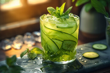 chilled cucumber cocktail in a misted glass with fresh mint leaves and bokeh lights - obrazy, fototapety, plakaty
