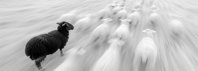 The contrast of individuality. A black sheep confidently stands out from a group of white sheep, symbolizing uniqueness and independence amongst conformity - obrazy, fototapety, plakaty