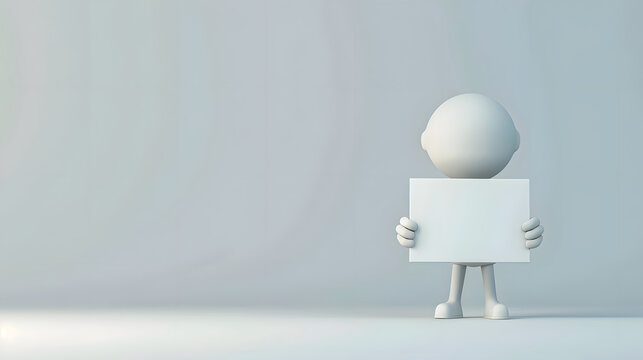 Cute 3D rendered character holding up emtpy sign with space for text