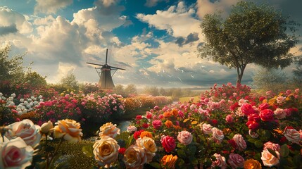 A beautiful garden of Holland with full of colourful roses - obrazy, fototapety, plakaty