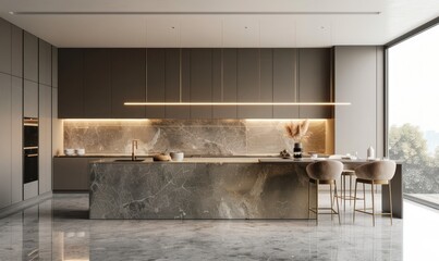Luxury modern kitchen design with marble island, sleek cabinetry, and sophisticated lighting, perfect for a contemporary home