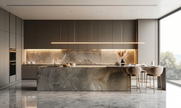 Luxury modern kitchen design with marble island, sleek cabinetry, and sophisticated lighting, perfect for a contemporary home