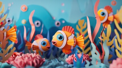 Fototapeta na wymiar A vibrant underwater scene featuring paper art style fish and coral reefs, showcasing the beauty and diversity of ocean life in a whimsical fashion