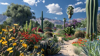 A peaceful oasis in the desert, with cacti and succulents mingling with colorful desert wildflowers...