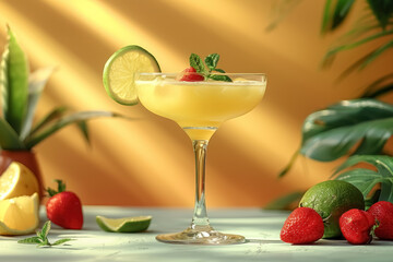 refreshing tropical cocktail with lime garnish on summery backdrop