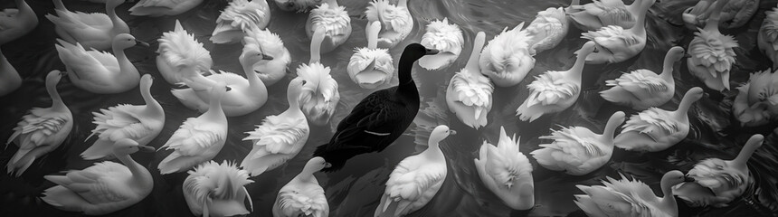 The solitary black duck amidst a sea of white, symbolizing societal ostracization at dusk. A lone black duck stands among a crowd of white ones, encapsulating the struggles of being an outcast - obrazy, fototapety, plakaty