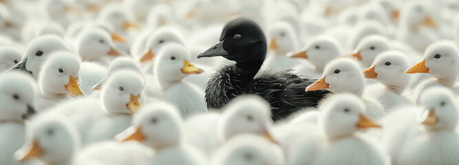 The outcast duck. A striking black duck stands out among a group of pristine white ducks, highlighting the theme of being different in a society that values conformity