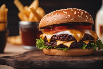 'burger fries wooden french fast food bun cheese cheeseburger classic eat fresh hamburger isolated ketchup lettuce meal meat minced onion salad sandwich sesame snack tomatoes vegetable' - Powered by Adobe