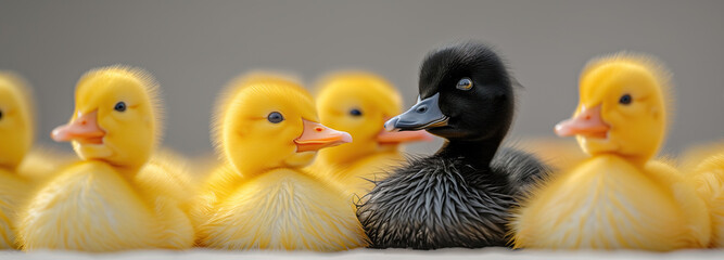 The solitary black duck amongst a flock of yellow siblings, symbolizing social alienation. A black duckling stands amidst a group of yellow ducklings, highlighting the  concept of not belonging - obrazy, fototapety, plakaty
