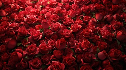 A stunning image showing a dense collection of vivid red roses that symbolize deep love and affection in full bloom