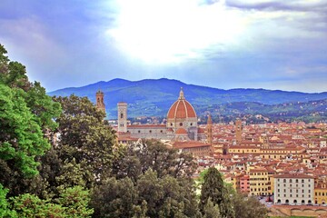Fototapeta na wymiar Florence rooftops and cathedral di Santa Maria del Fiore or Duomo view