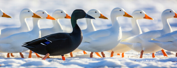 Solitary black duck amidst a flock of white ducks on a winters day: a metaphor for social outcast. A lone black duck stands out against a backdrop of white peers.