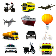 Set of colors images of transport icons. Collection of colorful traffic symbols, white objects isolated.