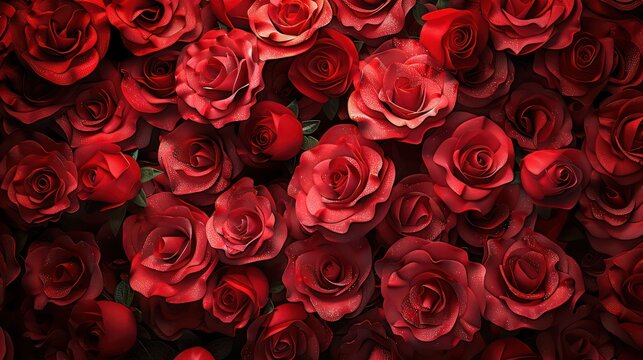 A stunning close-up image capturing the exquisite detail of dew drops on a bed of vibrant red roses, showcasing the beauty of nature